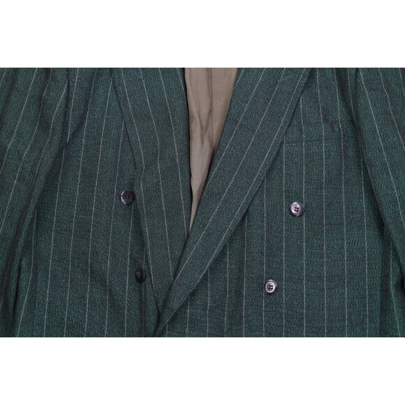 Vtg 70s 80s Mens 44L 2 Piece Wool Striped Double Breasted Suit Green 34x32 USA - Picture 4 of 16